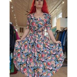 VTG 1980s RGY Black Colorful Cabbage Rose Basque Waist Princess Cotton Sundress